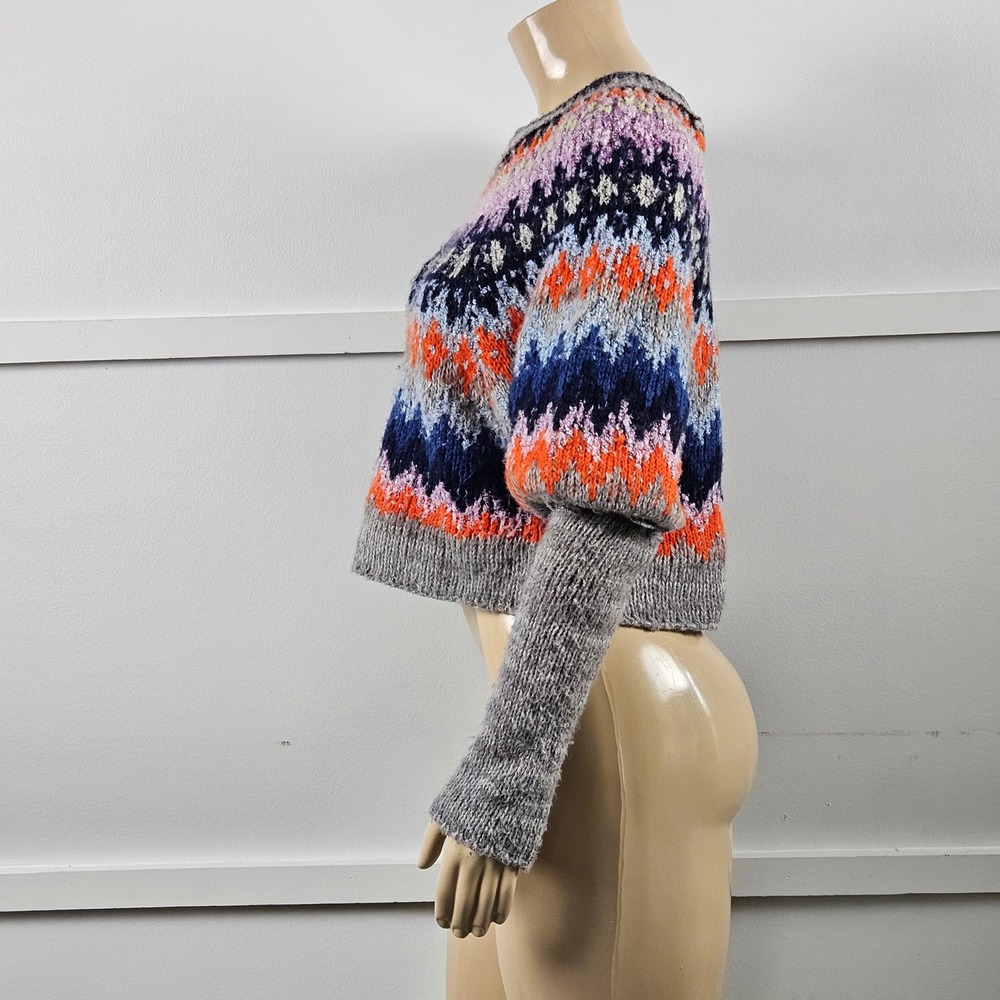 Free People Fair Isle Cropped Wool Blend Sweater Gray Orange Blue Multi L/XL - Picture 5 of 11
